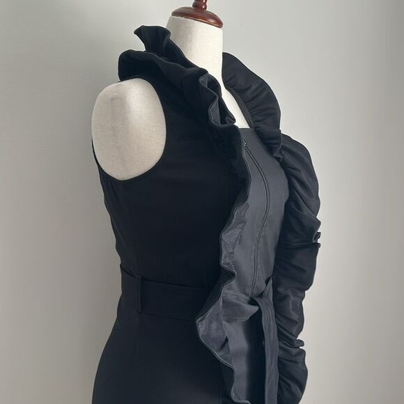 Samuel Dong Mini Dress Front Zipper Moldable Ruffled Belted Taffeta Black Size S - Picture 4 of 13